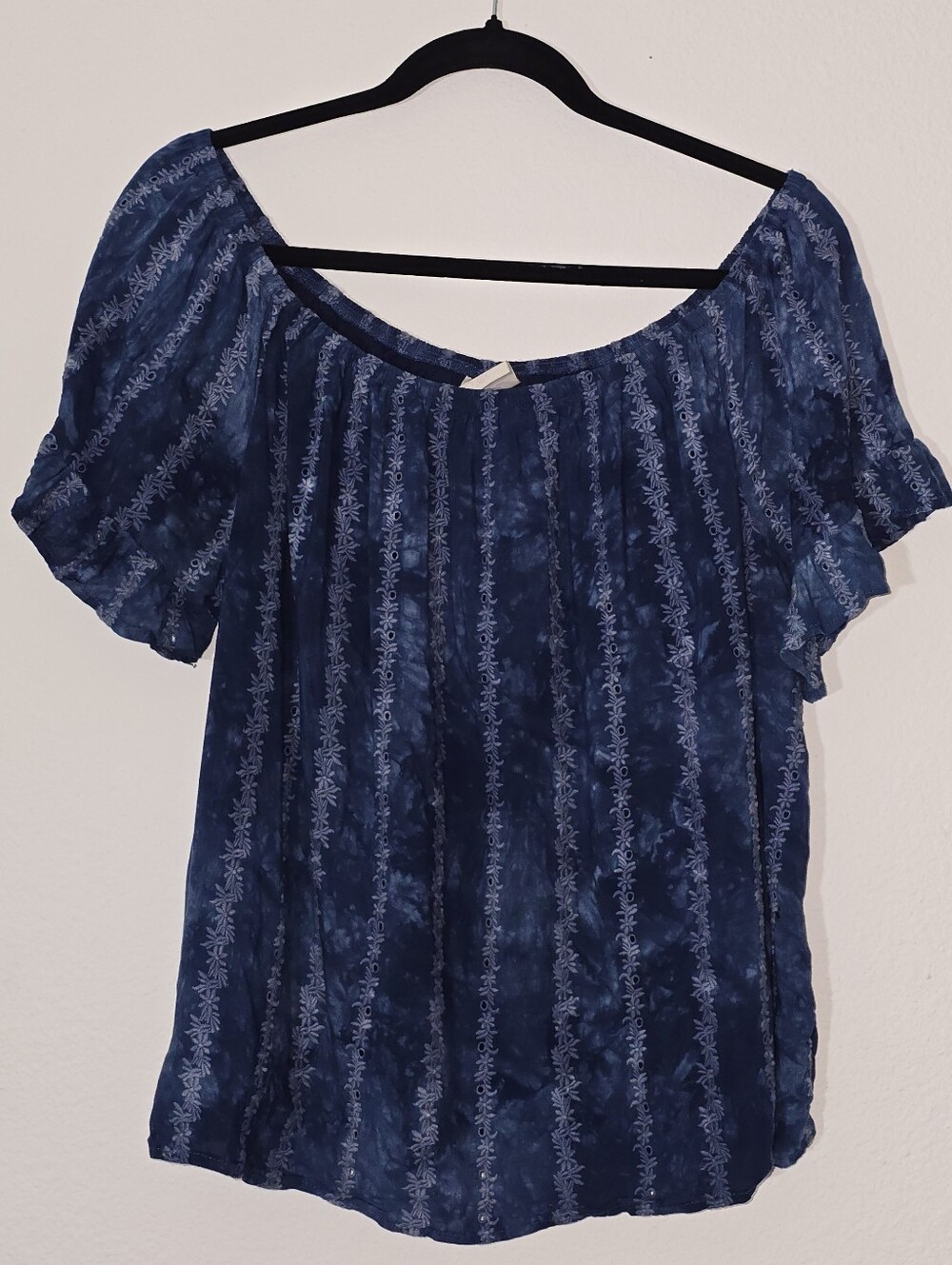 Knox Rose Navy Blue Patterned Off-Shoulder Peasant Top